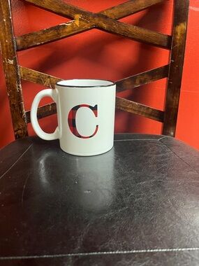 White Ceramic Mug with Red Plaid Monogram C